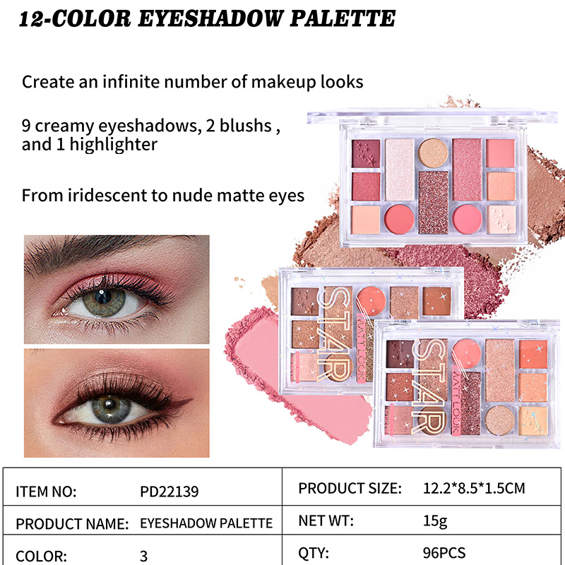 Paleta de sombras de ojos mate iridiscente de 12 colores de alta calidad PD22139