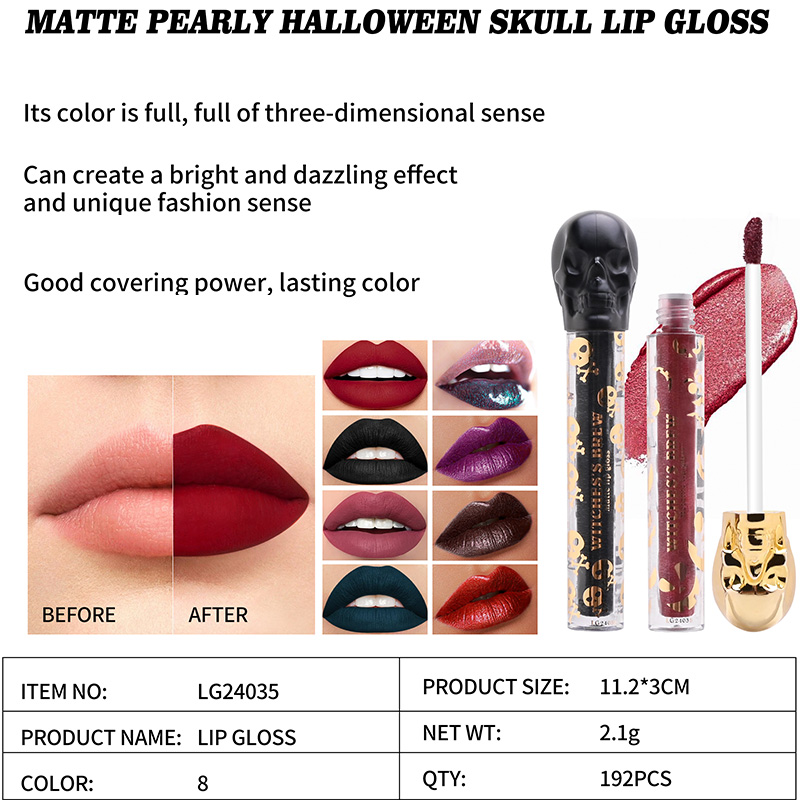 Brillo de labios de calavera de Halloween nacarado mate de color duradero LG24035