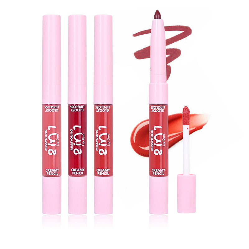 Brillo de labios brillante Delineador de labios de aplicación suave 2 en 1 bolígrafo LG24079