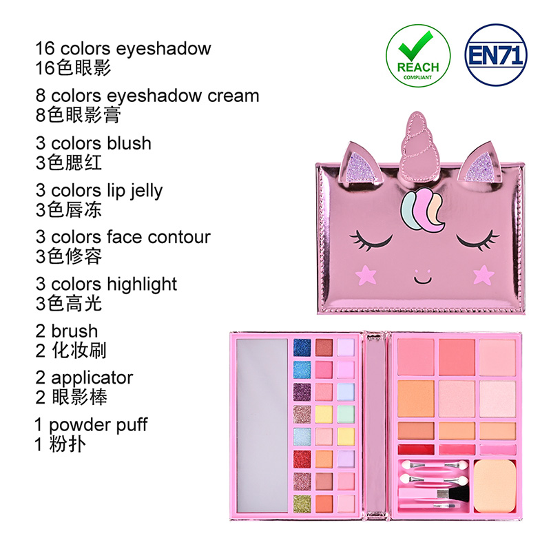 Paleta de maquillaje para niños con diseño de cuaderno de cuero de unicornio de dibujos animados CPD24007